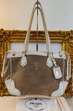 PRADA TOTE BAG SHOPPER Logo Jacquard Tessuto Canapa Beige e Pelle Avorio
