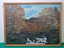 Dipinto olio su tavola paesaggio montano paesaggio fluviale incorniciato