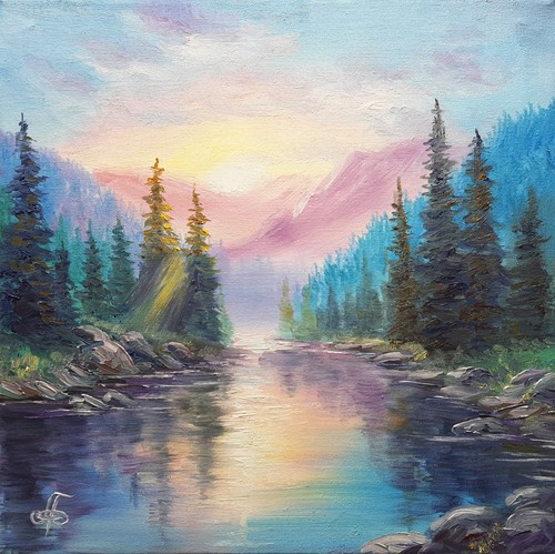 Quadro olio montagna - , fiume