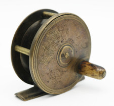 Antico mulinello da pesca a mosca BIRMINGHAM ottone RESISTENTE canna SCARCE a mano LOGO fusione