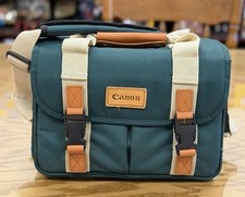 Borsa fotocamera Canon DSLR vintage retrò tela verde custodia imbottita con cinturino pelle