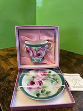 Tazza e piattino porcellana Limoges dipinto a mano rose bordo oro made in France