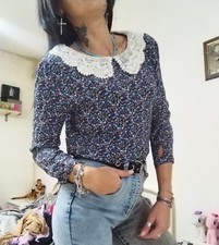 blusa maglia donna leggera colletto peter pan uncinetto crochet fiori s m 