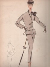 Croquis figurino di moda anni 50 disegnato e colorato a mano