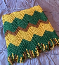 Coperta afgana stile vintage anni 70 fatta a mano all'uncinetto zig zag chevron marrone gr giallo