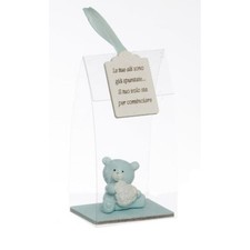 SUPER OFFERTA 9 PZ Orsetto CELESTE in scatola pvc con frase BOMBONIERA 10M2