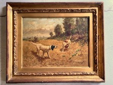 QUADRO DIPINTO SCENA CACCIA con DUE CANI PAESAGGIO CAMPI di GRANO SELVA '900