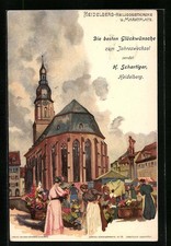 Cartolina d'artista C. Pfaff: Heidelberg, chiesa dello Spirito Santo e piazza del mercato 1900 