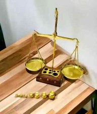 Bilancia da farmacia bilancia ottone lucido riproduzione antica base in legno...