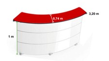 BANCONE DA NEGOZIO USATO, FORMA SEMICIRCOLARE BIANCO CON TOP IN VETRO ROSSO 