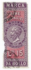 15 LIRE MARCA DA BOLLO EFFIGE VITTORIO EMANUELE II RE D'ITALIA 1866 MB
