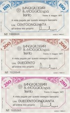 3 MINIASSEGNI 1977 BANCA CALDERARI & MOGGIOLI TRENTO L. 150 200 250 FDS
