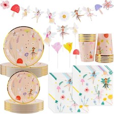 57Pcs Fairy Disposable Tableware Set Flower Fairies Mushroom Party Plates Cup...