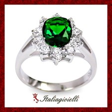Sfarzoso Anello Smeraldo in Argento 925 Rodiato Oro Bianco con Zirconi Brillanti