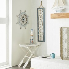 91.4cm Dipinto a Mano Bianco/Blu Ruota IN Legno Capitano Barca Pirata Casa Muro