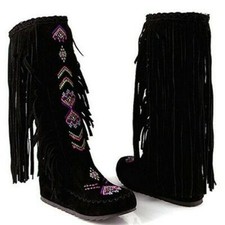 Mocassini indiani ricamati donna stivali al ginocchio retrò nappe scarpe