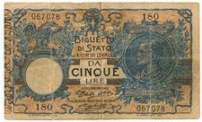 5 LIRE FALSO D'EPOCA BIGLIETTO DI STATO VITTORIO EM. III FLOREALE 08/11/1904 MB+