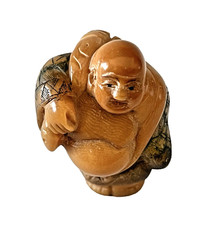 ARTE ORIENTALE NETSUKE BUDDHA PORTA FORTUNA LAVORATO  A MANO AVORIO VEGETALE