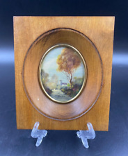 Quadro miniatura ovale paesaggio autunno olio cornice legno con ottone vintage