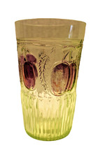 Vintage Indiano Vetro Verde Tumbler Dipinto Frutta Motivo Foglia 1940s Firozabad