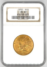 1932 G$10 Indian Head Gold Eagle Graded by NGC as MS63 Old Holder