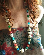 ??COLLANA LUNGA DONNA PIETRE DURE MULTICOLOR ED AVORIO VEGETALE.  BOHO ETNICA⭐