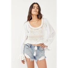 Nuovo Taglie Grande L Free People Megan Uncinetto Top Bianco Avorio Vittoriano