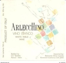 Etichetta Roncà Vino Arlecchino C. V. Tadiello Imported by Belmonte California