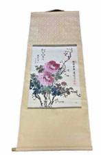 quadro classico cinese rosa peonie acquerello inchiostro lungo da appendere rotolo firmato