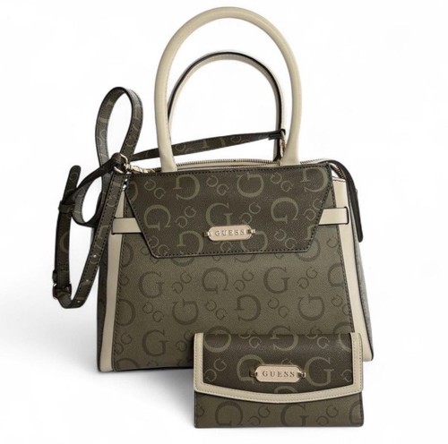 Guess green beige logo satchel - guess, green/beige