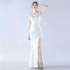 Vestito Abito Elegante Lungo Bianco Slim Spacco Aderente Sera Evento 02082