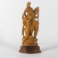 SCULTURA STATUINA IN LEGNO DI CEDRO INTAGLIATO INDUISTA RADHA KRISHNA VINTAGE