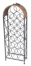 A cast iron and rattan twenty two bottle wine rack