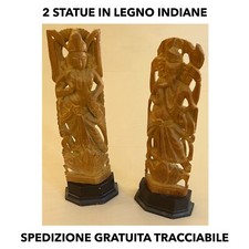 Lotto 2 Statue GANESHA + DEA Indiana - In Legno Intagliato A MANO - RARE INDIA