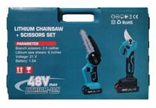 KIT 2 Pezzi Forbice Cesoia a Doppia Batteria 48V DA Potatura + Motosega +Valigia