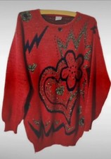 Vintage Lasa Maglione Donna Natalizio Rosso Motivo Lurex Glitter Gold Fiori Cuor