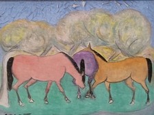 Dipinto Olio Su Tela. Tre Cavalli. Giuseppe Cesetti (1902-1990). XX Secolo