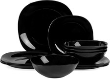 Vetro Opalino Servizio da Piatti Set 12 Pezzi, Quadrati Nero Servizio da Tavola 