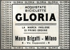 PUBBL.1905 BICICLETTE GLORIA MARCA INGLESE PRIMO ORDINE MARIO BRIGATTI MILANO 