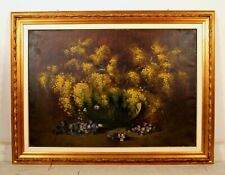 GRANDE QUADRO DIPINTO OLIO TELA NATURA MORTA FLOREALE FIORI mimosa FIRMATO '900