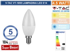CONFEZIONE 5 PEZZI V-TAC VT-1855 LAMPADINA LED E14 4,5W CANDELA 470 LUMEN 180°