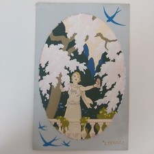 CARTOLINA-G. MESCHINI-ARS NOVA-DIPINTA A MANO-ART DECO-DONNA ABITO SERA-RONDINI