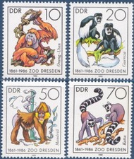 Germania RDT 1986 Zoo di Dresda, scimmie, oranghi, mandrillo, lemure, animali, MNH