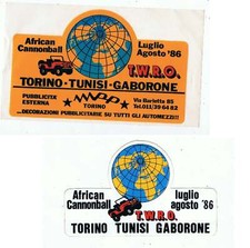 2 ADESIVI AFRICA CANNONBALL TORINO TUNISI GABORONE - 12 x 7,5cm e 13,5 x 9,5cm