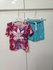 Completo Bambina Adidas T Shirt Pantaloncini Rosa Azzurro 2/3 Anni
