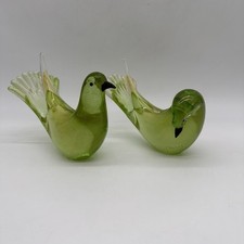 Coppia di due (2) colombe in vetro artistico Murano soffiato a mano macchia oro e verde uccellini