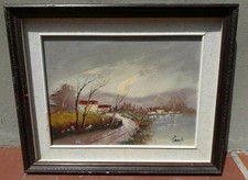 Dipinto quadro olio paesaggio Case sul lago firmato forse Tanti 