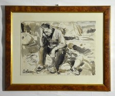 Dipinto Acquerello su carta firmato Antonio Asturi, quadro vintage meta '900