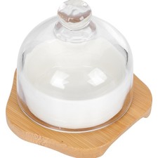 1 set di torta ciotola in ceramica con coperchio e vassoio in legno