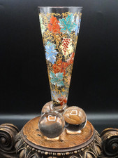 Antico vaso in vetro artistico Harrach con smalto Moser dipinto a mano + perline foglie d'uva